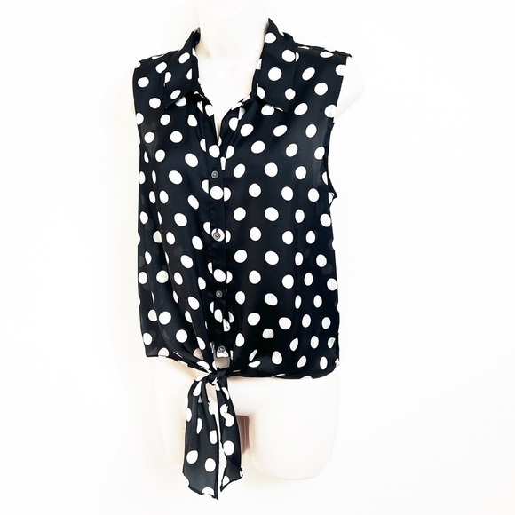 NEW Vince Camuto Sleeveless Button Down Tie Front Polka Dot Top Blouse Black M - Picture 2 of 7
